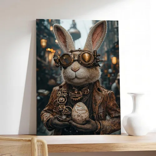 Vista 7 de Steampunk Easter Bunny Wall Art – Victorian Cyber Rabbit with Mechanical Gear Egg – Retro Industrial Sci-Fi Poster – Unique Easter Decor & Gift for