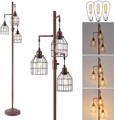 Vista 11 de 9MMML Lámpara de pie dorada regulable, lámpara de pie alta industrial dorada para sala de estar, dormitorio, oficina, pantalla de 3 jaulas