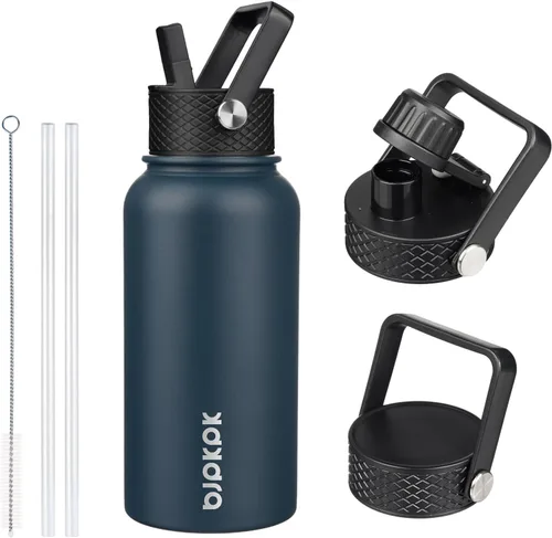 Vista 90 de BJPKPK - Botellas de agua aisladas con tapa de popote, botella de agua de acero inoxidable de 27 onzas con 3 tapas, termo de metal sin BPA a prueba