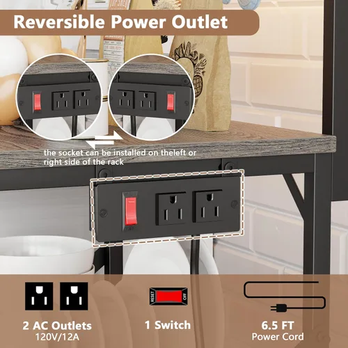 Vista 13 de Furologee Estante para hornear de cocina con toma de corriente, soporte para horno de microondas con almacenamiento de 4 niveles, mesa de café con 6