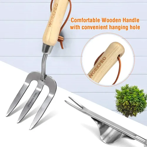 Vista 5 de WORKPRO Juego de herramientas de jardín, 8 piezas, herramientas de jardinería resistentes de acero inoxidable con mango de madera, incluyendo bolsa