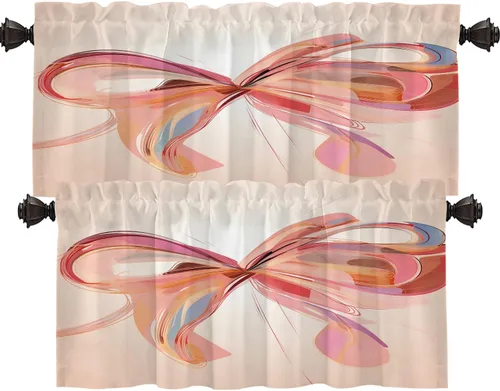 Vista 40 de Shrahala Floral Abstract Design Tier Curtains for Kitchen Windows, Minimalist Flower Illustration Window Curtain Panels Multilayer Polyester