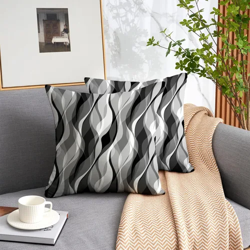 Vista 2 de Juego de 2 fundas de almohada modernas con líneas geométricas en blanco y negro para sala de estar, sofá, decoración del hogar, arte abstracto
