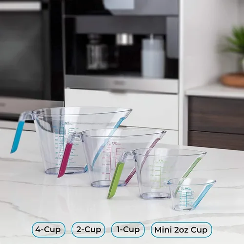 Vista 5 de KPKitchen Juego de 4 vasos medidores de líquido para panqueques, magdalenas, gofres, crepé y más, incluye mini onza, 1, 2 y 4 vasos de plástico