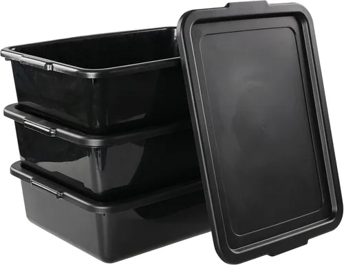 Vista 6 de Tina de autobús de plástico negro de 13 L con tapa, paquete de 3 bandejas de autobús