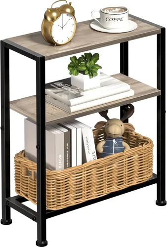 Vista 16 de Mesa auxiliar estrecha para espacios pequeños, mesa auxiliar pequeña de 2 niveles con soporte para estantes, mesita de noche delgada, mesa de sofá