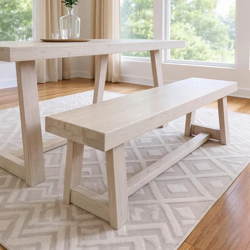 Vista 14 de Plank+Beam Banco de Comedor Estilo Granja de 60 Pulgadas, Banco de Entrada de Madera Maciza, Banco de Madera para Exteriores, Asiento de Comedor