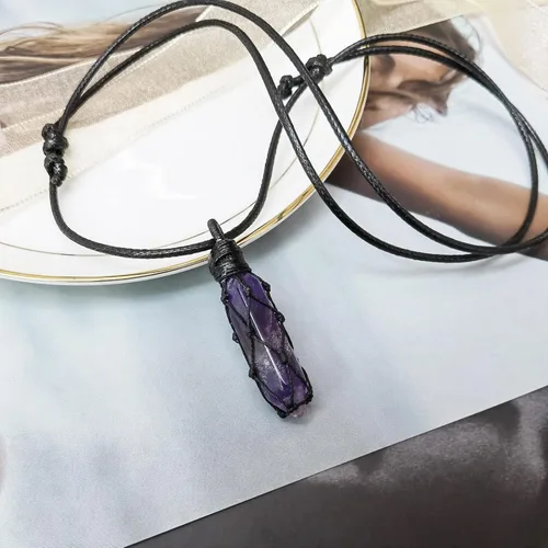 Vista 2 de Rose Quartz Necklace, Amethyst Crystal Necklace, Wire Wrapped Hexagonal Pointed Wand Pendant Pink Crystal Necklace, Natural Gemstone with Leather