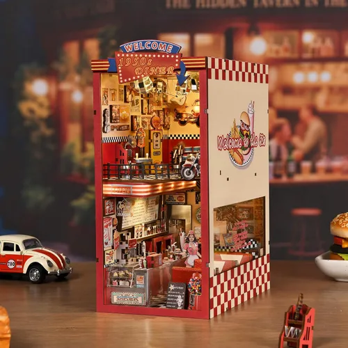 Vista 9 de fifijoy Kit de Rincón de Libros - Kit de Casa en Miniatura DIY para Adultos, Kit de Construcción de Casa Pequeña Cafetería Retro de los años 50