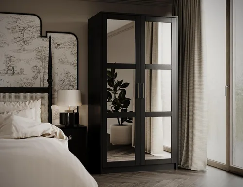 Palace Imports Armario urbano de madera maciza de 2 puertas con puertas espejadas, armario de madera negra, 37.75 pulgadas de ancho x 72 pulgadas de