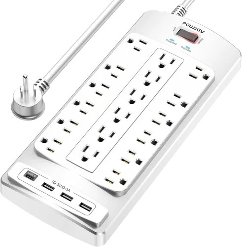 Vista 9 de Regleta protectora de sobretensiones de 18 tomas – Cable de extensión de enchufe plano de 6 pies resistente con 18 tomas amplias y 4 puertos USB