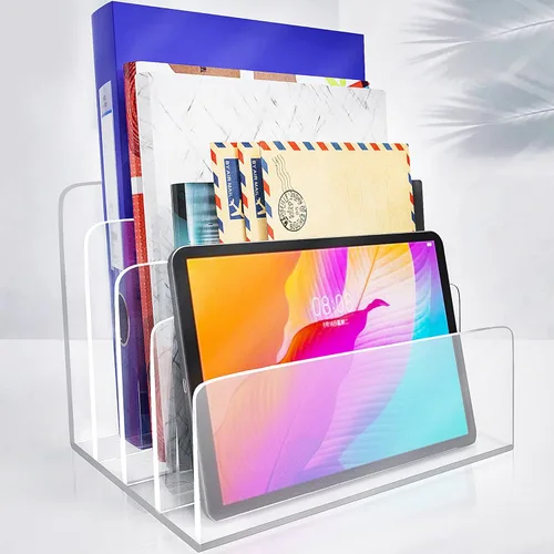 Organizador de archivos de acrílico transparente, clasificador de soporte de archivos de acrílico de 4 secciones, organizador de escritorio de