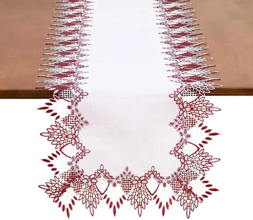 Vista 13 de Camino de mesa de lino de encaje rojo oscuro blanco de 36 pulgadas de largo, bufanda de aparador claret, decoración de mesa para Navidad, cocina