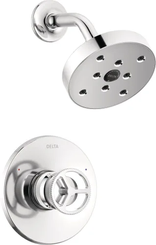 Delta Faucet Trinsic Serie 14 Grifo de ducha cromado de una sola manija con cabezal de ducha H2Okinetic, juego de grifo de ducha, kit de molduras de