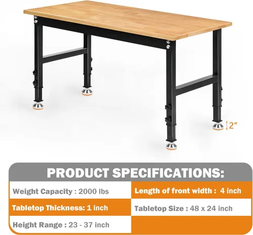 Vista 5 de Betterhood Banco de trabajo ajustable resistente de 48 pulgadas para garaje, mesa de taller de madera de caucho con almohadillas de goma, estación