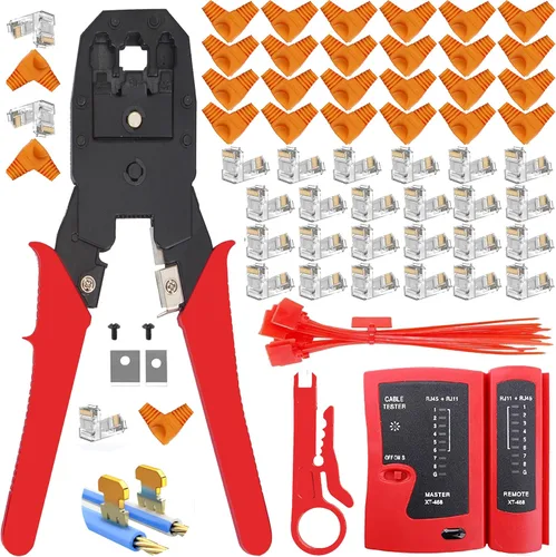 Vista 8 de LEATBUY - Herramienta de crimpado CAT5 CAT6, kit de herramienta de crimpado RJ45, 50 conectores LAN Ethernet de paso RJ45, 50 cubiertas, probador