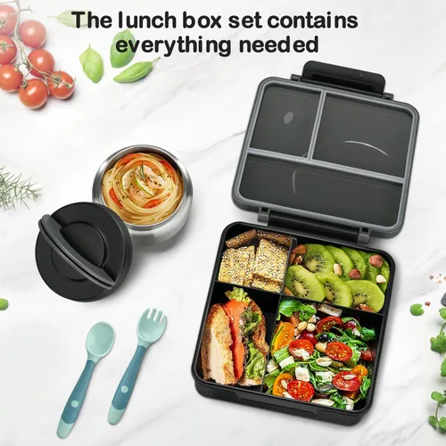 Vista 3 de Lonchera Bento para niños con termo de sopa de 8 onzas, recipientes de almuerzo a prueba de fugas con 4 compartimentos, tarro térmico para alimentos