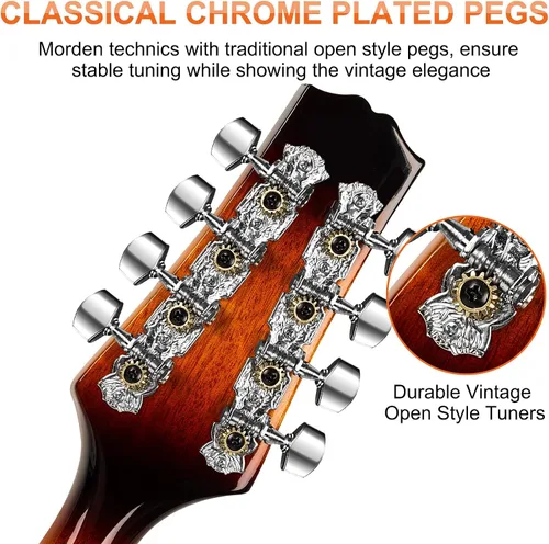 Vista 3 de Vangoa Mandolina para Zurdos, Instrumento Musical Acústico de 8 Cuerdas Estilo A para Principiantes Zurdos, Sunburst