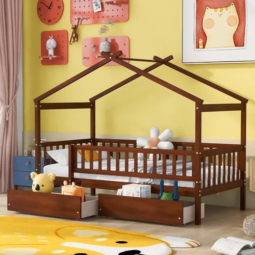 Vista 8 de Merax Cama de tamaño individual de madera estilo casa con valla, marco de cama de madera con techo y barandilla de seguridad para niños, Blanco