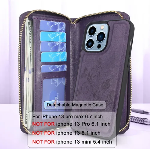 Vista 2 de Lacass Compatible con iPhone 13 Pro Max de 6.7 pulgadas 2021, cadena cruzada con doble cremallera, desmontable, magnética, de piel, para muñeca, 13