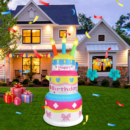 Vista 12 de Pastel de cumpleaños inflable de 4 pies con velas, luces LED integradas, adecuado para decoración de interiores, exteriores, patio, césped