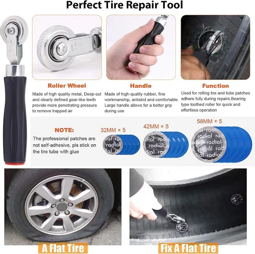 Vista 6 de 71 herramientas de extracción de vástago de válvula, kit de reparación de parches de neumáticos, rodillo de parche de neumáticos, raspador