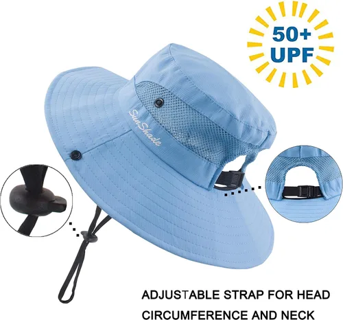 Vista 3 de HGGE Sombrero de sol para niños y niñas, protección UV, gorra de playa de ala ancha con agujero para cola de caballo, Cielo azul puro
