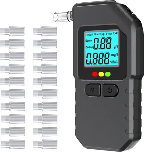 Alcoholímetro, probador portátil de BAC con pantalla LCD digital, dispositivo personal de alcohol para el aliento con 20 boquillas, monitor de mano