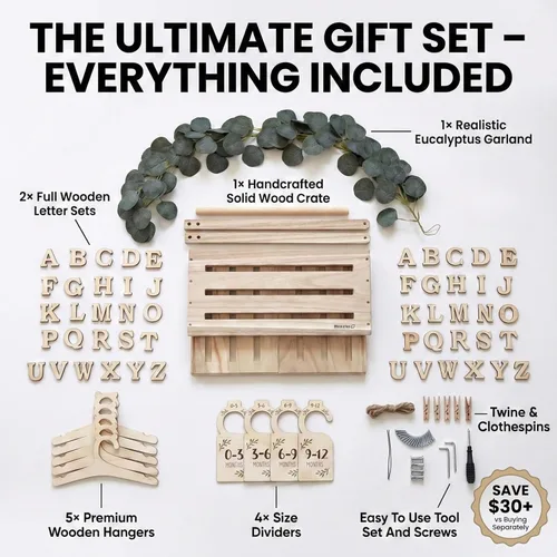 Vista 3 de Cajón de madera para baby shower con perchero, cesta de regalo personalizable con 2 juegos de letras del alfabeto, eucalipto, 5 perchas, divisores