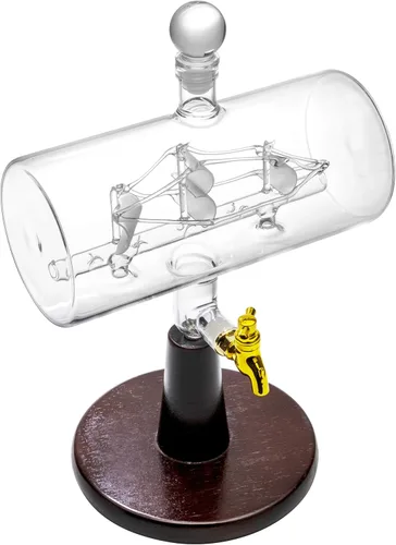 "Magellan" - Decantador de whisky de 38 onzas, dispensador de licor hecho a mano grande con barco en el interior, soporte de madera y embudo de barra