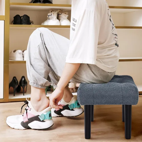 Vista 7 de HOUCHICS Taburete acolchado de piel, pequeño reposapiés otomano con patas de madera, moderno reposo rectangular para sala de estar, sofá, escritorio