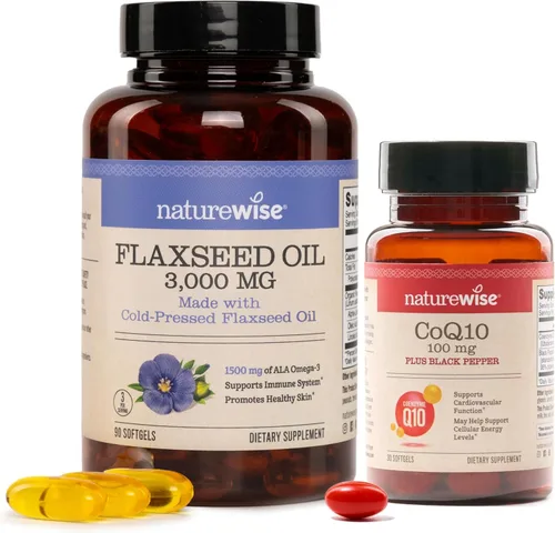 NatureWise [1] Aceite de linaza 3000 mg – 1500 mg ALA, orgánico – 90 cápsulas blandas [suministro de 30 días] + [1] CoQ10 100mg + pimienta negra,