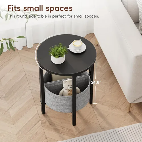 Vista 4 de Vagusicc Mesa auxiliar redonda pequeña Mesa final, Mesa de acento alta con cesta de almacenamiento, Juego de 2 mesas semirredondas Mesas de media
