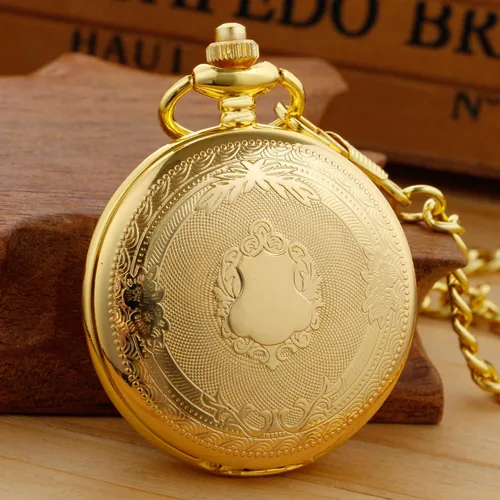 Vista 3 de Realpoo Gold Smooth Shield - Reloj de bolsillo de cuarzo con caja redonda, movimiento de cuarzo con cadena, color dorado, Rosado, Retro