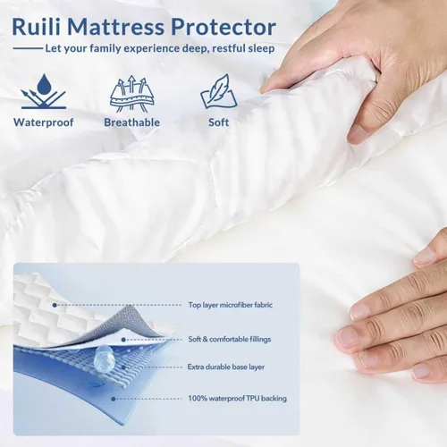 Vista 2 de Protector de colchón tamaño Queen, impermeable, lavable, funda acolchada ajustable tamaño Queen, protección de cama de plástico sin ruido, bolsillo