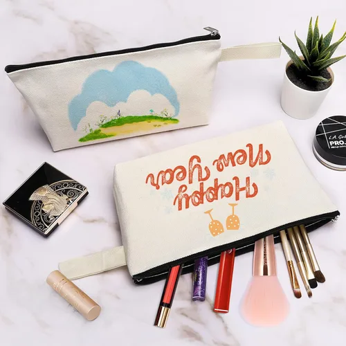 Vista 3 de 10 bolsas de maquillaje de lona de algodón con parte inferior y correa, bolsa de cosméticos multiusos con cremallera, bolsa de aseo de viaje, bolsa