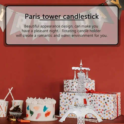 Vista 4 de Uonlytech 1 portavelas giratorio de la torre Eiffel elegante de metal para decoración de mesa para el hogar, bodas y ocasiones especiales, centro