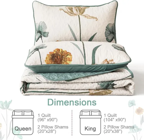 Vista 7 de WONGS BEDDING - Juego de edredón floral tamaño Queen, edredón botánico verde y amarillo con 2 fundas de almohada, juego de ropa de cama ligera