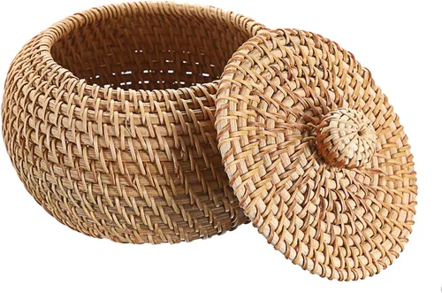 Vista 9 de Hipiwe Cajas de Cestas Redondas de Ratán con Tapa Tejidas a Mano, Cestas de Almacenamiento de Mimbre, Contenedor, Cesta Decorativa Multiusos