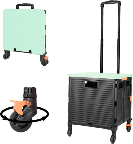 Vista 11 de Carrito plegable portátil con ruedas para compras, 4 ruedas giratorias con mango telescópico de plástico duradero y resistente, para viajes