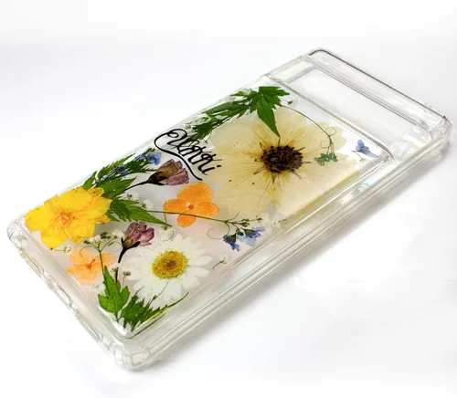 Vista 3 de Unique Real Pressed flower foral Clear Soft Phone cases cover With Bumper for Google Pixel 6 with large Flower Design Fit (Pixel 6)