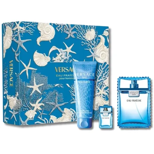 Versace Man Eau Fraiche de Versace para hombres, set de 3 piezas que incluye: 3.4 oz de espray EDT + 5.0 oz de gel perfumado para baño y ducha +