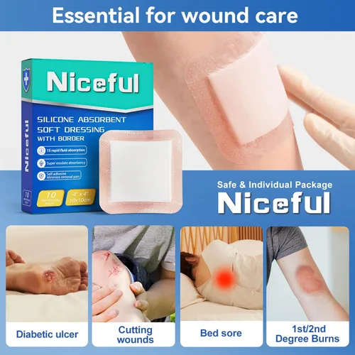Vista 6 de Niceful Apósito de Silicona Súper Absorbente para Heridas-4"× 4" Vendajes Autoadhesivos para el Cuidado de Heridas, Elegible para FSA HSA