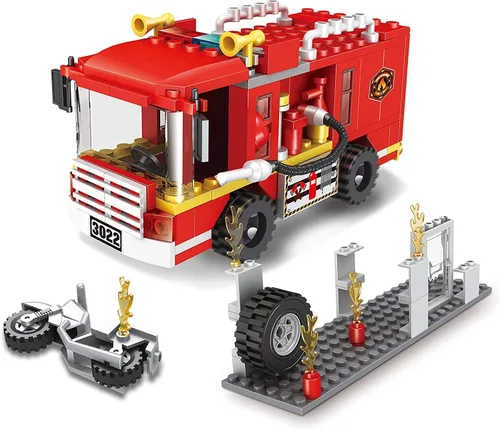 Vista 3 de Camión de bomberos de ciudad, estación de bomberos, bloques de construcción, juego de vehículos de bomberos, kit de construcción de bomberos