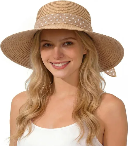 Vista 7 de Sombreros de paja Sun Beach para mujer, sombrero de ala ancha de verano 2-Beige