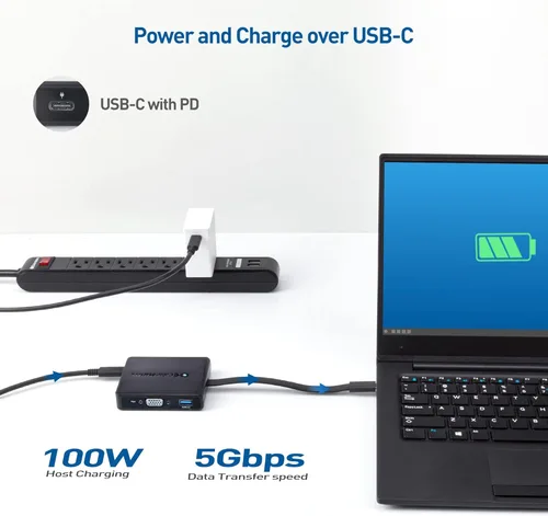 Vista 4 de Cable Matters Concentrador USB C 7 en 1 con triple pantalla (HDMI, DisplayPort, VGA), 2 USB 3.0, Gigabit Ethernet, carga de 100 W - Thunderbolt