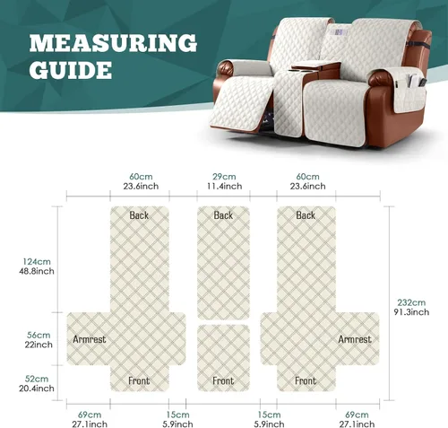 Vista 2 de Ruaozz Funda impermeable para sofá biplaza reclinable con consola, funda antideslizante para sofá reclinable dividido, con correas elásticas, Beige