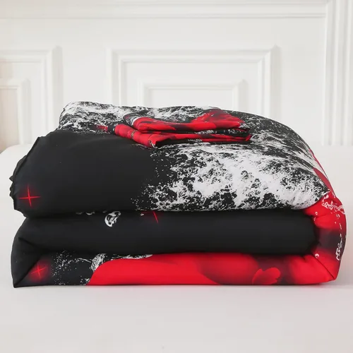 Vista 7 de Juego de edredón de rosa roja, tamaño King, patrón flora, ligero, estampado, alternativo, de 3 piezas, romántico amor, juego de ropa de cama