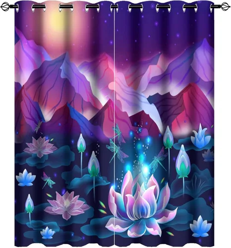 Cortinas abstractas de flores de loto de dibujos animados, acuarela colorida galaxia, montañas, libélula ventana, cortinas opacas para oscurecer la