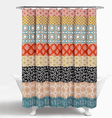 Vista 3 de Cortinas de baño a rayas, decoración moderna, bohemia, 100% poliéster, Turquesa/Anaranjado, 72" x 72